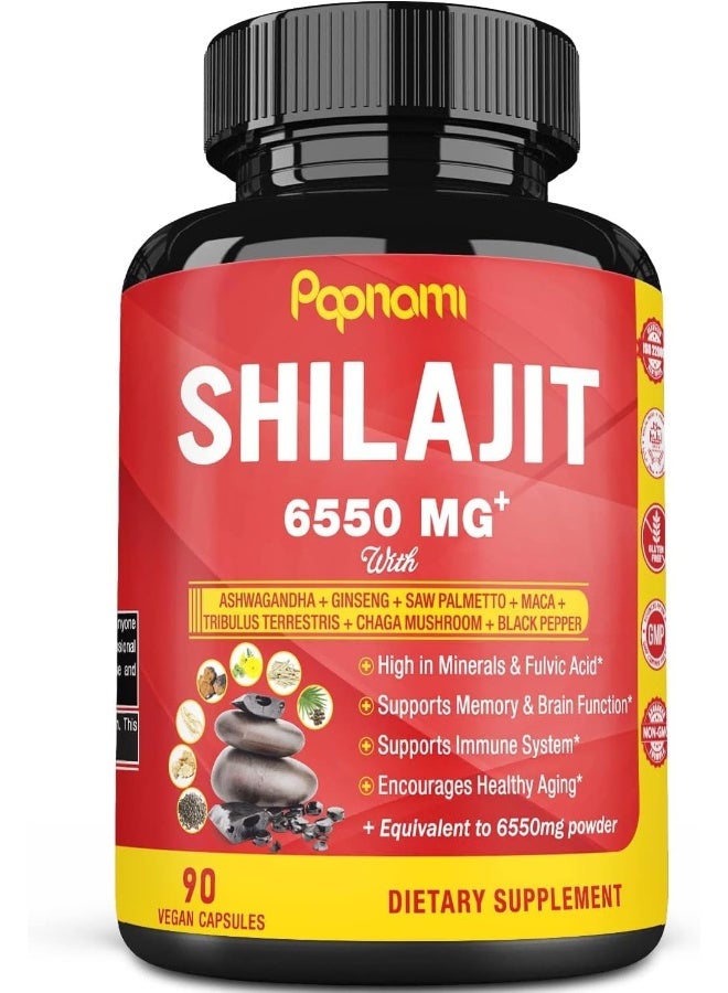 Papnami Shilajit Extract Capsules equivalent to 6550mg And Ashwagandha, Ginseng, Saw Palmetto, Maca, Tribulus, Chaga, Pepper, Trace Minerals Fulvic Acid, Immune Support, Brain Boost Supplement, 90 Capsules - Image 1